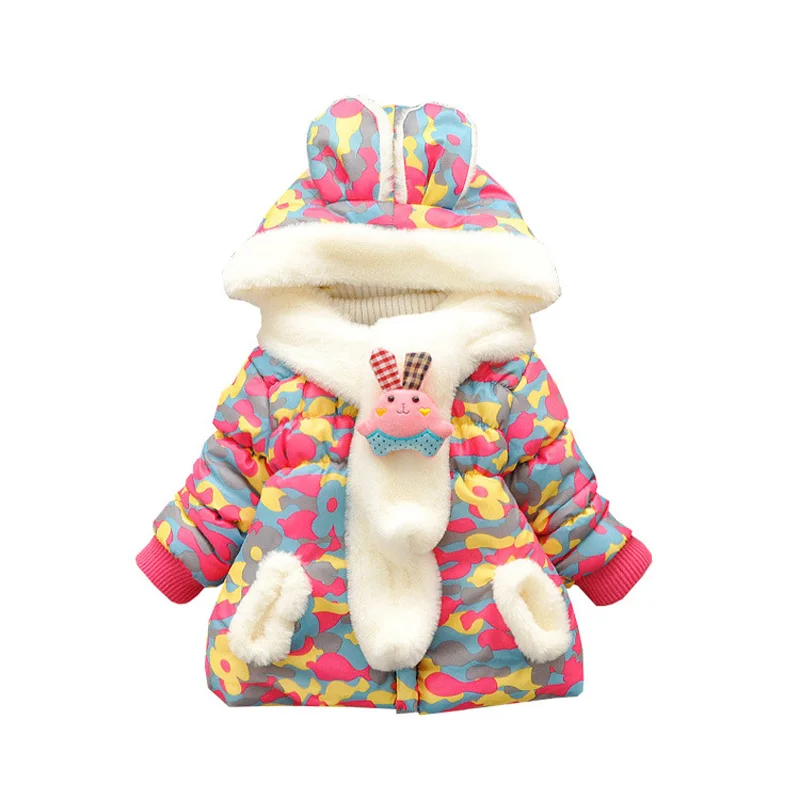 Fashion winter style cartoon lovely rabbit scarf children child cotton jacket coats for baby girls warm