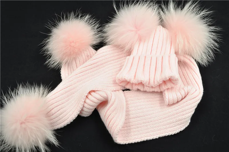 Зима натуральный мех шарф и шапка комплект большой натуральный мех енота шары шляпа двойной меховой Пом шапочки для детей для девочек