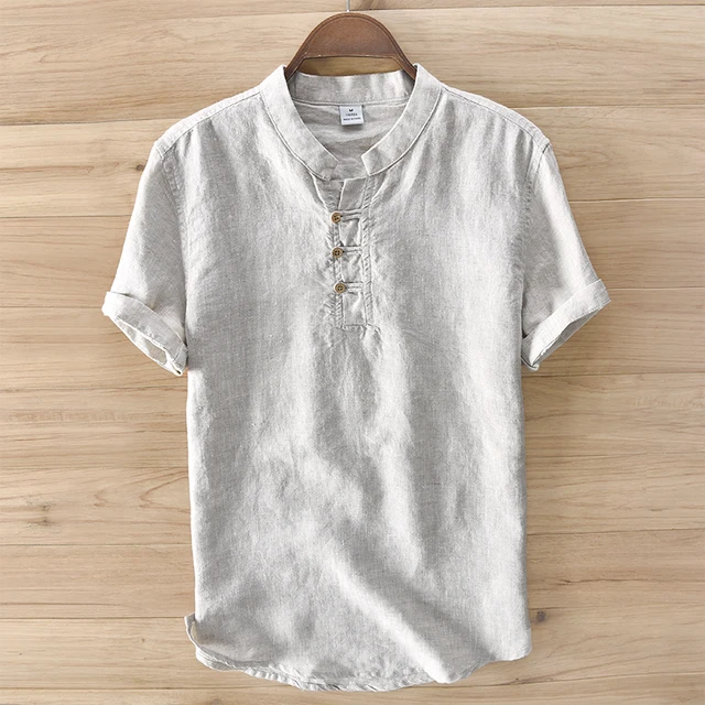 New design 100% linen shirts men solid khaki flax men shirt summer ...