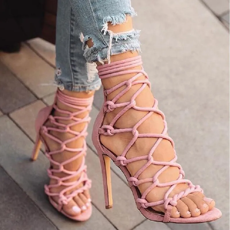 

LZXGSJ 2018 New Fashion Sexy Elegant Flock Suede Women Sandals Solid Pattern Lace up Summer Ankle Strap Super High Heel Shoes