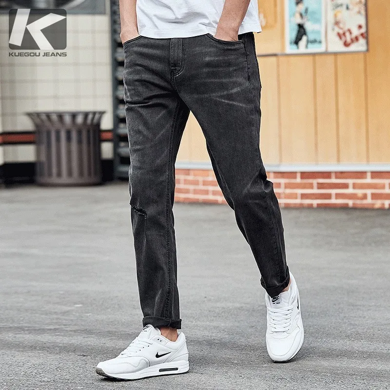 

KUEGOU 2019 Autumn Gray Jeans Men Brand Slim Fit Ripped Distress Pants For Male Fashions Streetwear Hip Hop Denim Trousers 2936