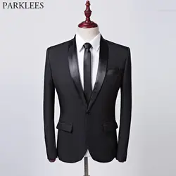 Черный Slim Fit пиджак на одной пуговице куртка Для мужчин 2019 бренд воротником Для мужчин смокинг пиджак для работы, свадьбы строгие костюм Homme