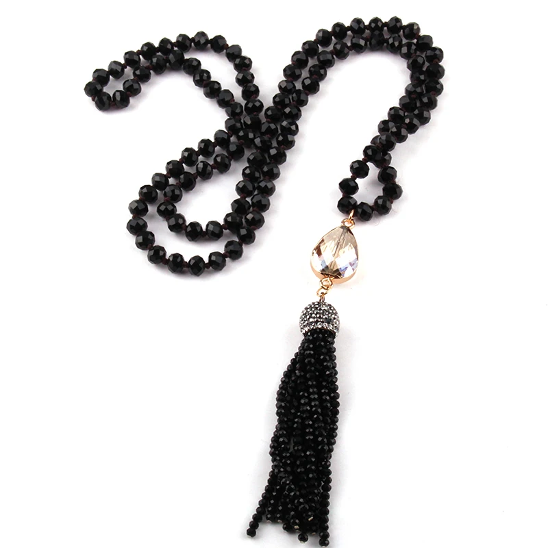 

Free Shipping Fashion Bohemian Tribal Jewelry Glass Crystal long Knotted Drop Crystal Link Tassel Necklace