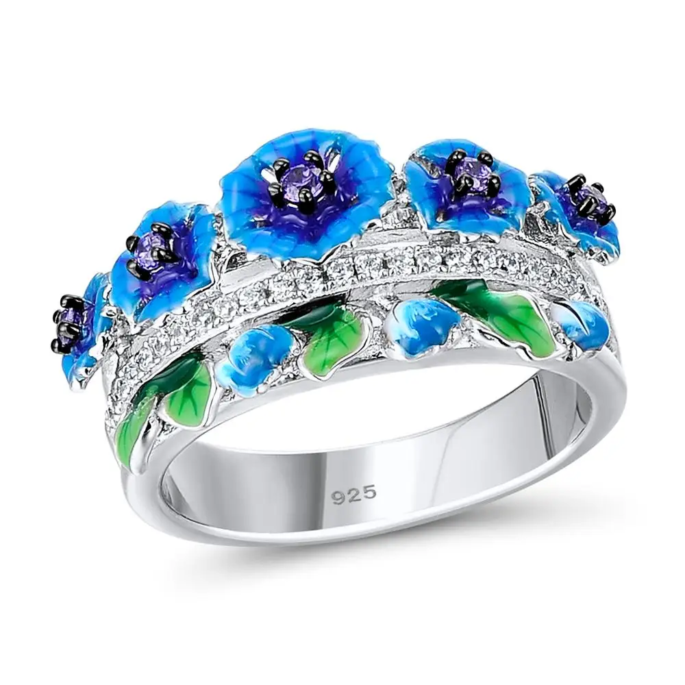 Santuzza ювелирный набор ручной работы, эмаль, синий цветок, темно-фиолетовый CZ камни, кольцо, серьги, 925 пробы, серебро, женский ювелирный набор