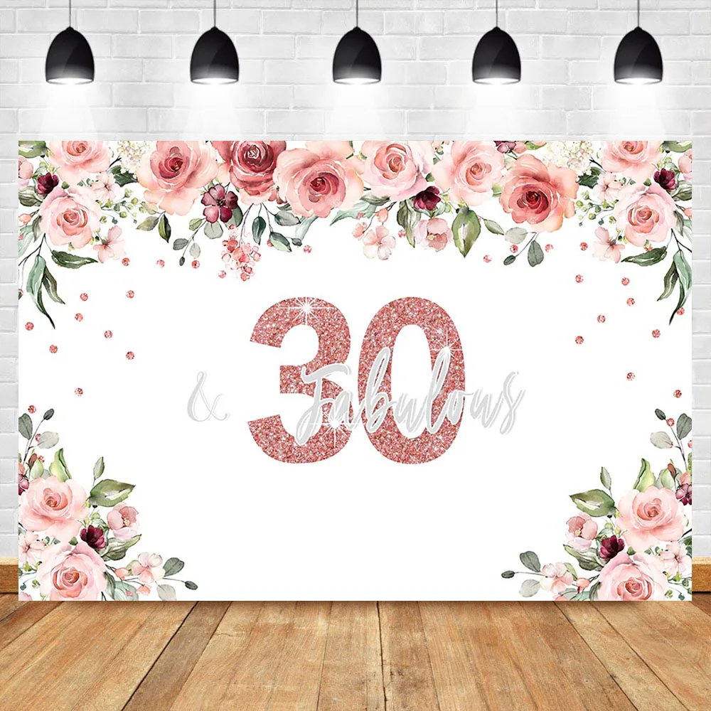 

NeoBack 30th Birthday Backdrop Watercolor Flower Thirty Birthday Party Banner Rose Gold Vinyl Custom Photography Background