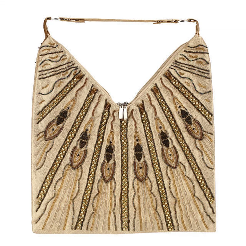 

India and Pakistan style gold silk and silver beaded embroidered handbag National bag Large V single shoulder craft bag handbag