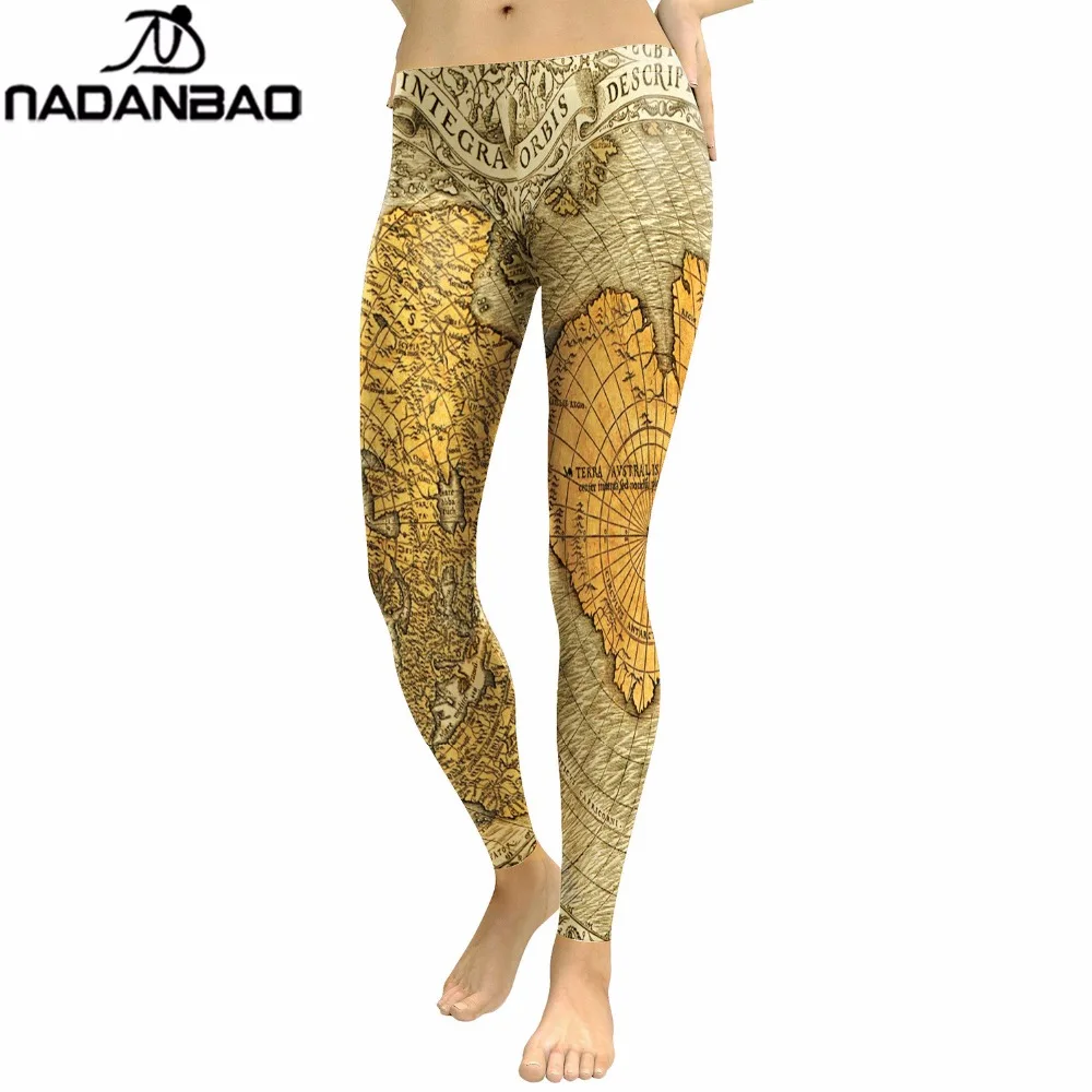 

NADANBAO New Spring Golden World Map Leggings Women Letter Latitude and longitude 3D Printed Leggins High Waist Pants