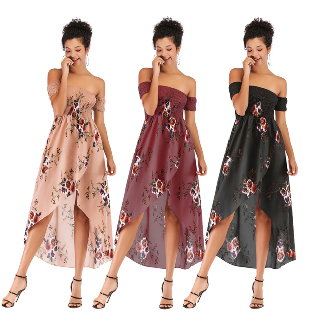 

Louyebouho Women Sexy off Shoulder Boho Floral Print Split Dress Summer Strapless Party Cocktail Chiffon Dress Vestidos Sundress