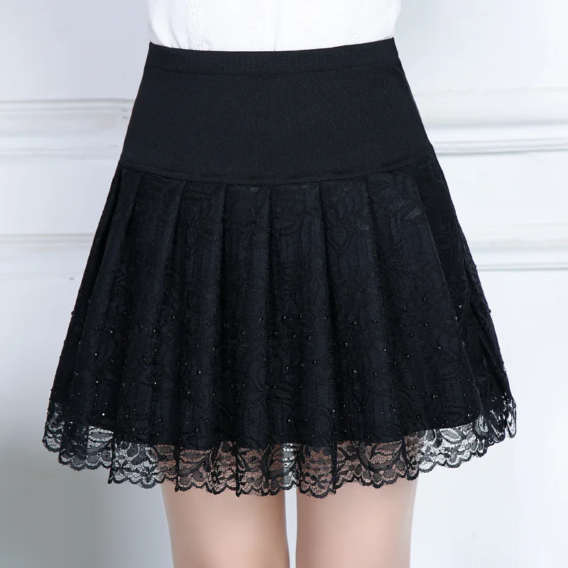 Spring Women Solid Color Lace Skirts Bottom A Line Diamond Pleated ...