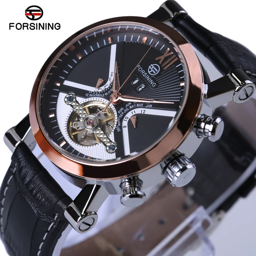 

Forsining New Tourbillon Men Watches Automatic Watch Rose Gold Case Calendar Male Clock Black Mechanical Clock Relogio Masculino