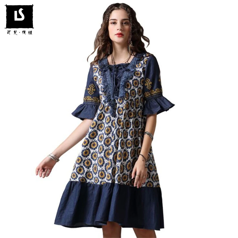 

Vintage Print Tassel Denim stitching Summer Dress Women Sexy V Neck Bandages Dresses Femme Casual Embroidered lotus sleeve Dress
