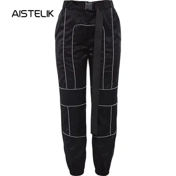 

High waist sports pants female Europe and the United States loose students reflective strips feet pants casual wide leg pants