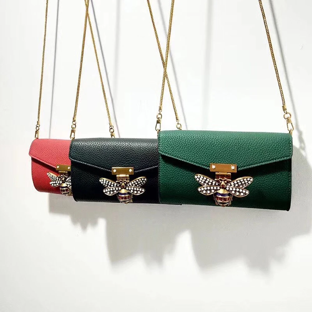 Кожаная сумка-конверт, украшенная жемчугом, мини-сумка с рисунком личи, сумка на плечо, уникальная металлическая сумочка в виде пчелы