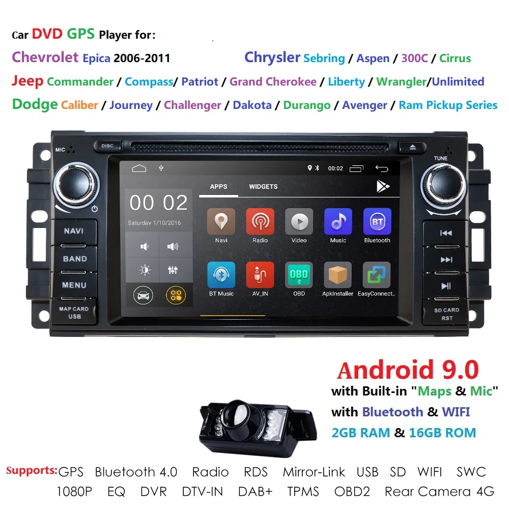 

Android 9.0 Car Stereo GPS DVD Player Compatible Dodge Ram Challenger Jeep Wrangler JK Head Unit Single Din 6.2''2G RAM+16G ROM