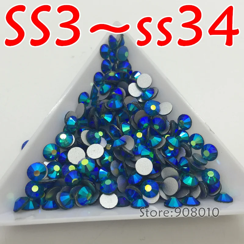 

New Shiny Blue Zircon AB Glass Crystal Nail Art Rhinestone SS3-SS34 Non Hot Fix Rhinestone Glue On Nail Gems 2028 Flatbacks