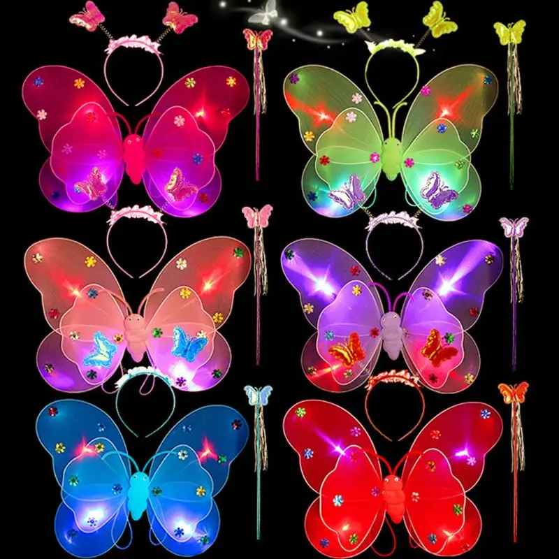 

4Pcs Girl LED Double Layer Butterfly Wings Set Irregular Tiered Mesh Tutu Skirt Fairy Wand Headband Princess Party Costume 2-8T
