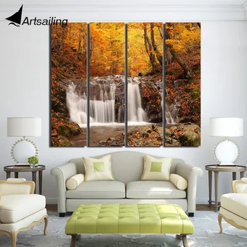 

4 piece Printed autumn maple leaves waterfall fall landscape Painting Canvas framed posters and prints Free shipping/up-1297D