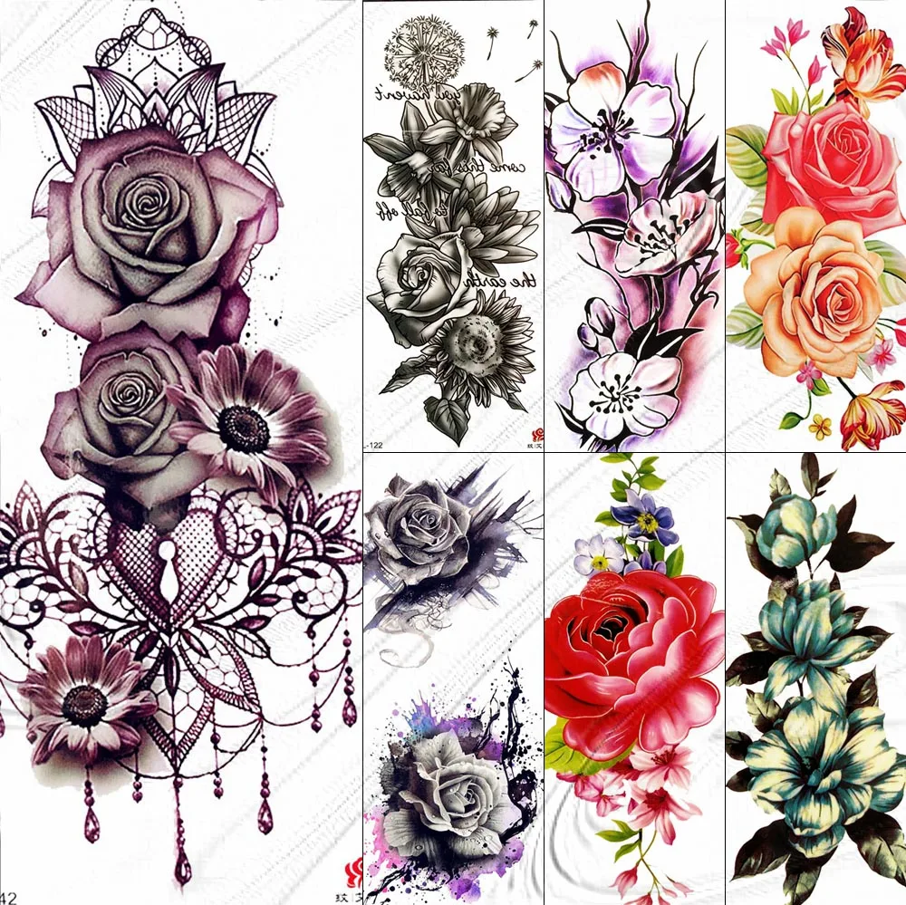 Большой цветок розы временные искусственные татуировки ювелирные изделия дизайн кулон хна водонепроницаемый поддельные татуировки наклейка женский боди-арт татуировки руки 3D