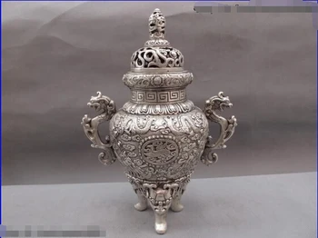 

song voge gem S0131 Chinese Buddhism White Copper Silver Dragon Elephant Ding Censer incense burner