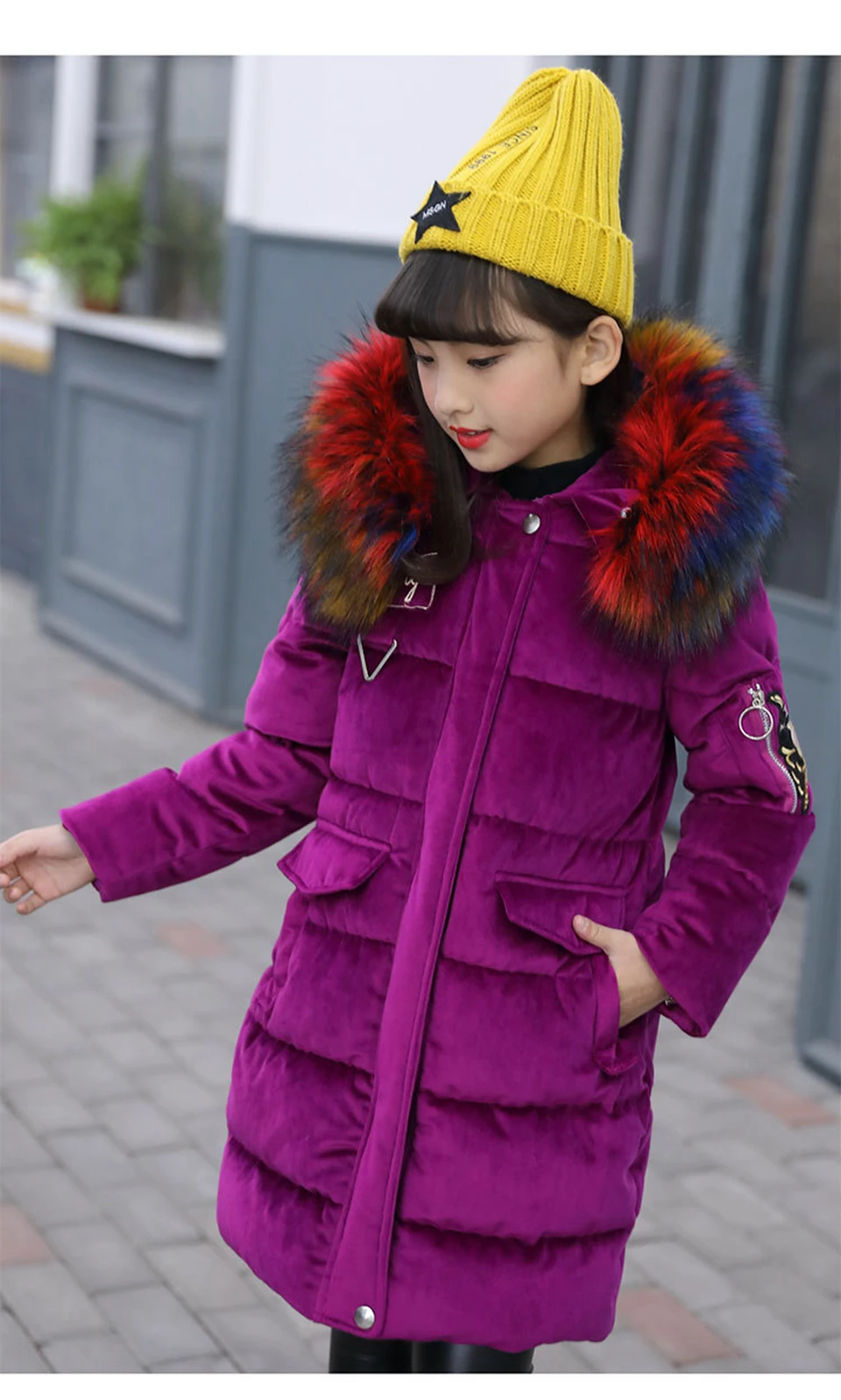 Г. Зимние куртки для девочек модные детские теплые парки с цветным мехом плотные длинные пуховые хлопковые пальто с капюшоном для девочек детская одежда - Цвет: Фиолетовый