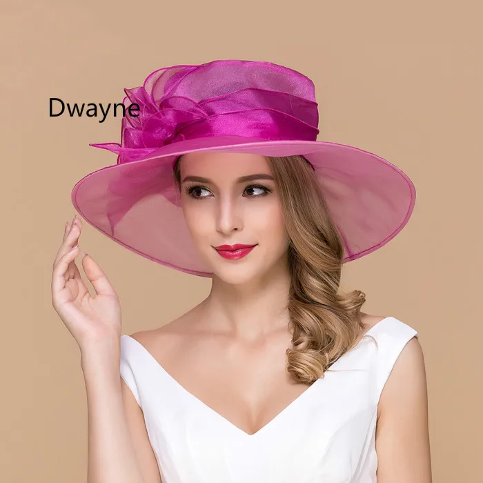 High End Fuchsia Purple Organza Summer Hat Big Brim Flower Organdy Sun
