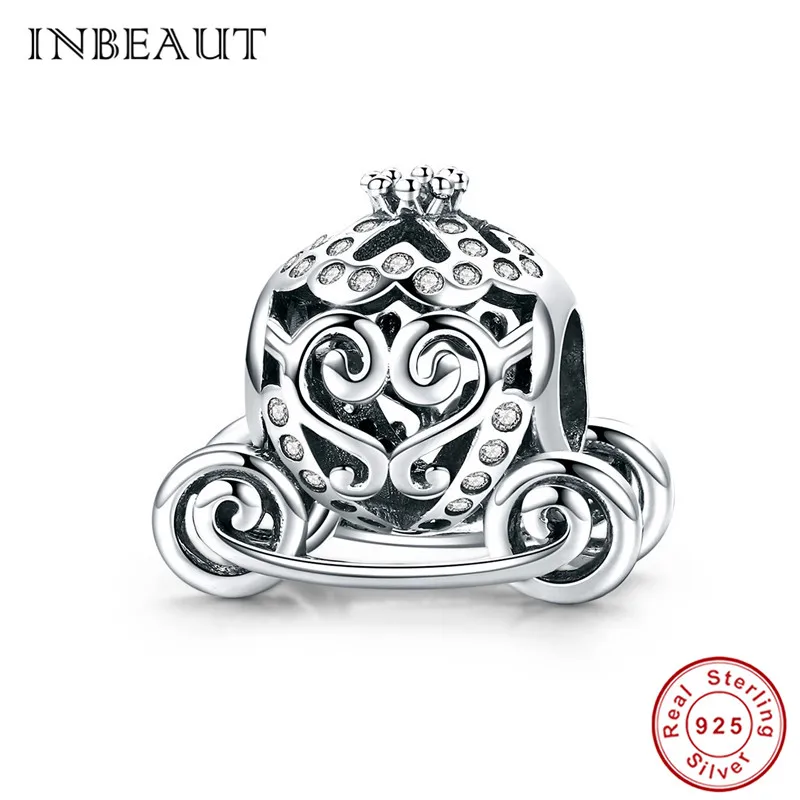 

INBEAUT 925 Original Silver Pumpkin Carriage Beads fit Pandora Bracelet Cute Small Four Wheels Chariot Charm for Pendant Chain