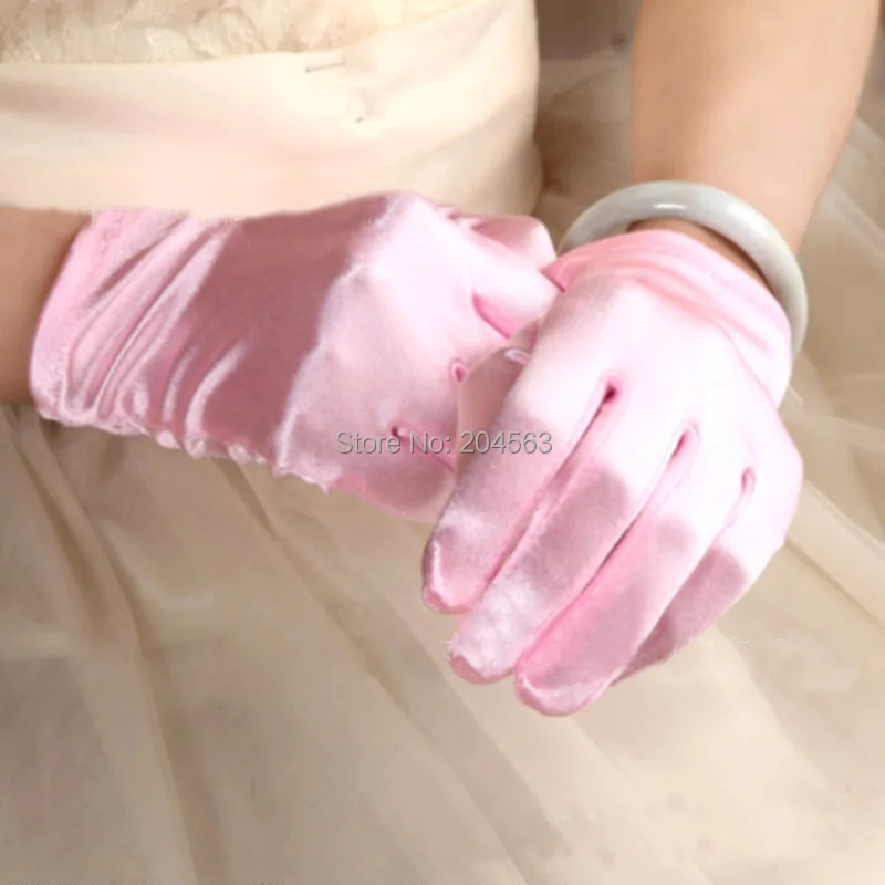 Дешевые разноцветные перчатки без пальцев для свадебной вечеринки атласные Короткие Свадебные перчатки длина запястья свадебные аксессуары