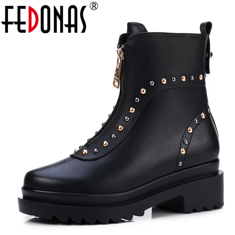 

FEDONAS Punk Women Genuine Leather Ankle Boots Thick High Heels Short Ladies Shoes Woman Rivets Dancing Platforms Shoes Boots