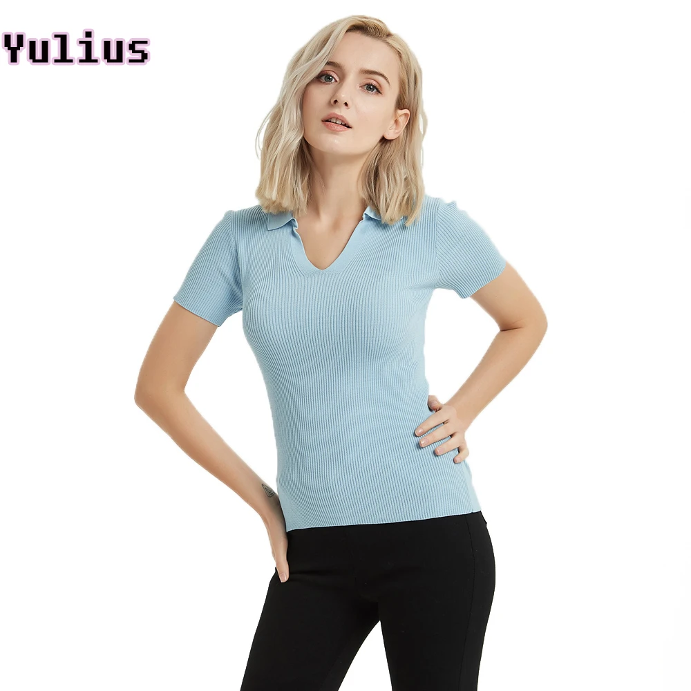 

Summer Knitted T Shirt 2019 New Women Turndown Short Sleeve Stretch Solid Slim Tees White Knitwear Tops Korean Female tshirts