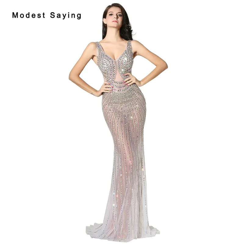 Sexy See Through Mermaid V Neck Crystal Evening Dresses 2017 with ...