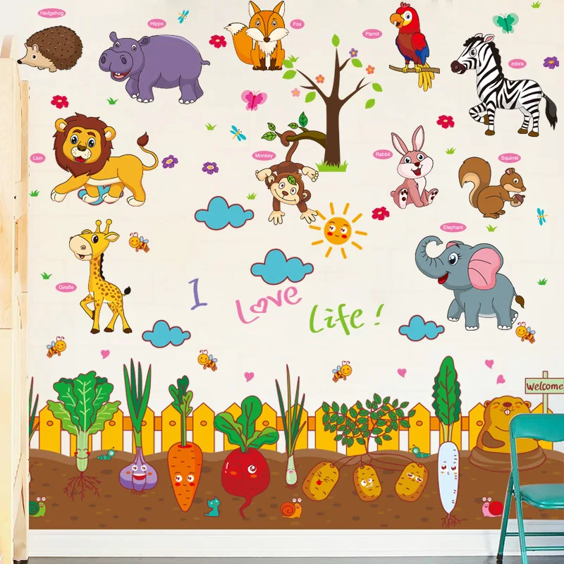 

[shijuekongjian] Vegetable Garden Wall Stickers DIY Cartoon Animals Wall Decals for House Kids Bedroom Baby Room Decoration