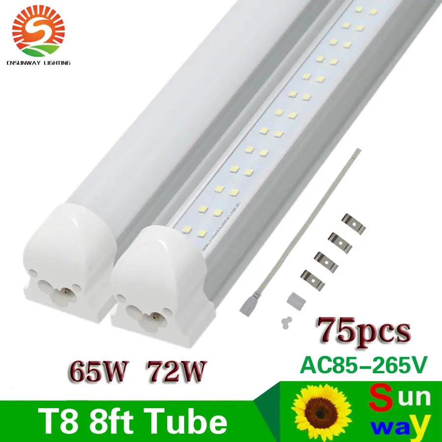 Acheter SUNWAY 8 ft led tube lumières t8 integred double rangée 2400mm 8ft LED tube lumière fluorescente lampe AC85 265V 65 w 72 w CE FCC 75 pcs