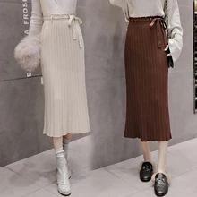 Женская Однотонная юбка средней длины, Женская юбка с поясом и бантом, Осень-зима, новая Офисная Женская юбка трапециевидной формы с завышенной талией, плиссированная