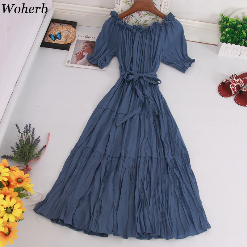 

Woherb Ruffle Slim Off Shoulder Modis Ladies Sexy Summer Midi Long Dress Women Pleated Casual Beach Holiday A-Line Vestidos