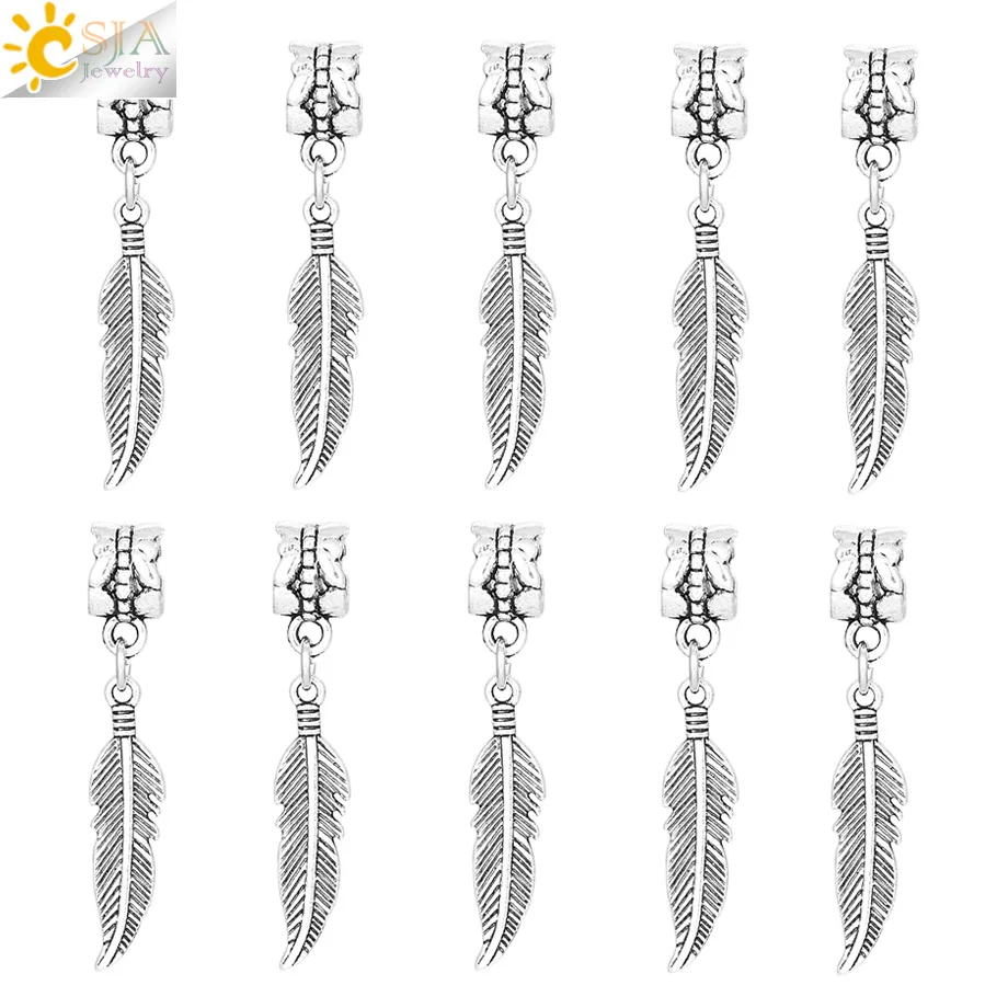 

CSJA Antique Silver Color Leaf Feather for Bracelet Jewelry DIY Accessory 5mm Big Hole Beads Connector 10pcs Findings F378