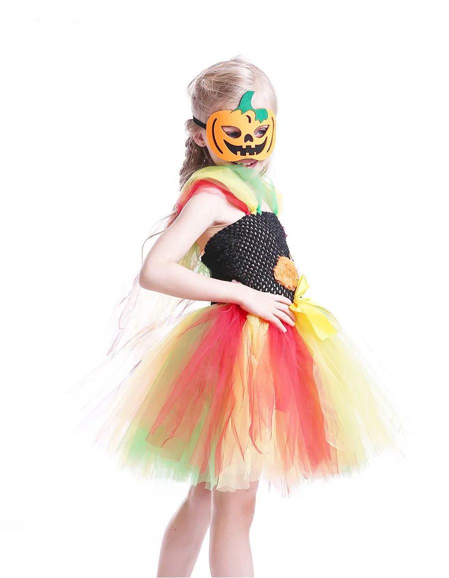 Rainbow Style Girls Halloween Tutu Dress with Pumpkin Mask Handmade Kids Birthday Dress Baby Girl Cosplay Costume Vestidos (9)
