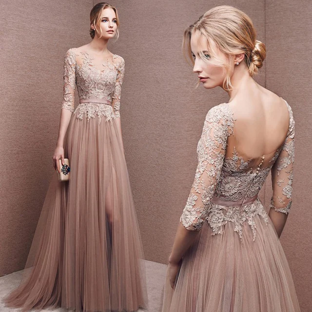 High Quality Pink Long Sleeve Prom Dress Front French High Quality Pink Long Sleeve Prom Dress Front French Lace Winter Bridesmaid Dresses