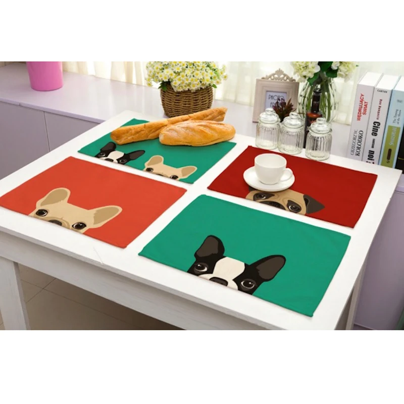 Cute Cartoon Dog Printed Western Pad Cotton Linen Table Placemat Insulation Disc Bowl Dining Table Mat Coasters Kitchen Tools