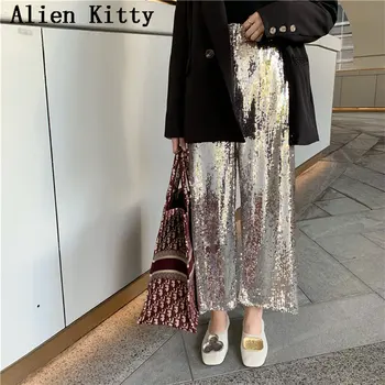 

Alien Kitty Hot Sale Solid Casual Loose Straight Women Empire Appliques 2019 Fresh Summer Autumn Free Texture Silvery Trousers