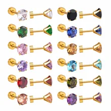 Luxxissids 12 пар/лот из нержавеющей стали, прозрачные круглые CZ серьги, опт, винтовые цветные каменные серьги, Размер 6 мм