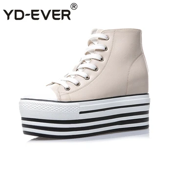 

YD-EVER 9cm leather women boots super high heel platform wedge shoes height increasing lace up casual shoes sneakers