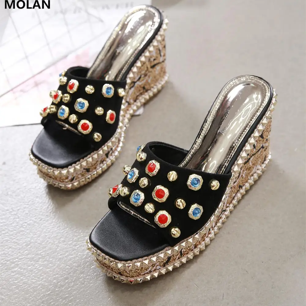 

MOLAN Brand Designers 2019 Summer New Luxury Bling Crystal Rivet Wedges Platform High Heels 10CM Lady Pumps Slip On Loafes Mules