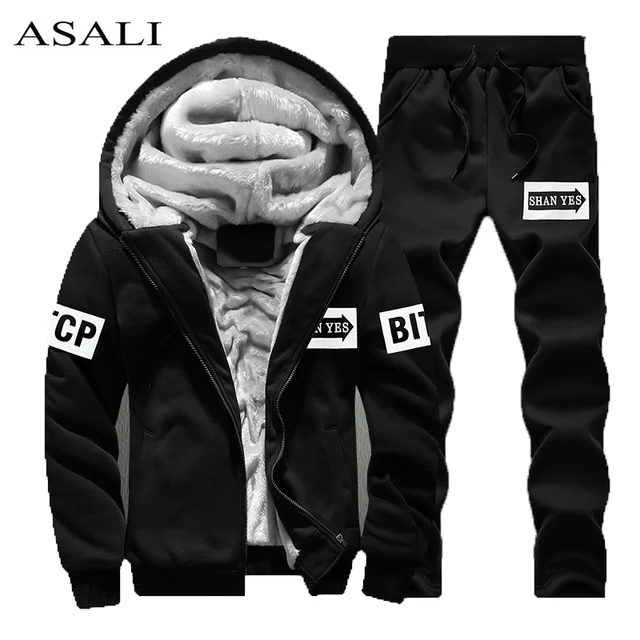 Winter Wool tracksuit Men Thick Warm Sweatshirts Set Casualmens Sweat