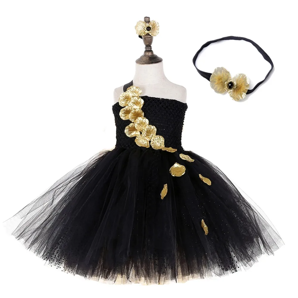 Черное элегантное Сетчатое лоскутное платье в горошек для девочек; платье-пачка без рукавов с золотыми цветами на одно плечо; одежда для выступлений на фортепиано