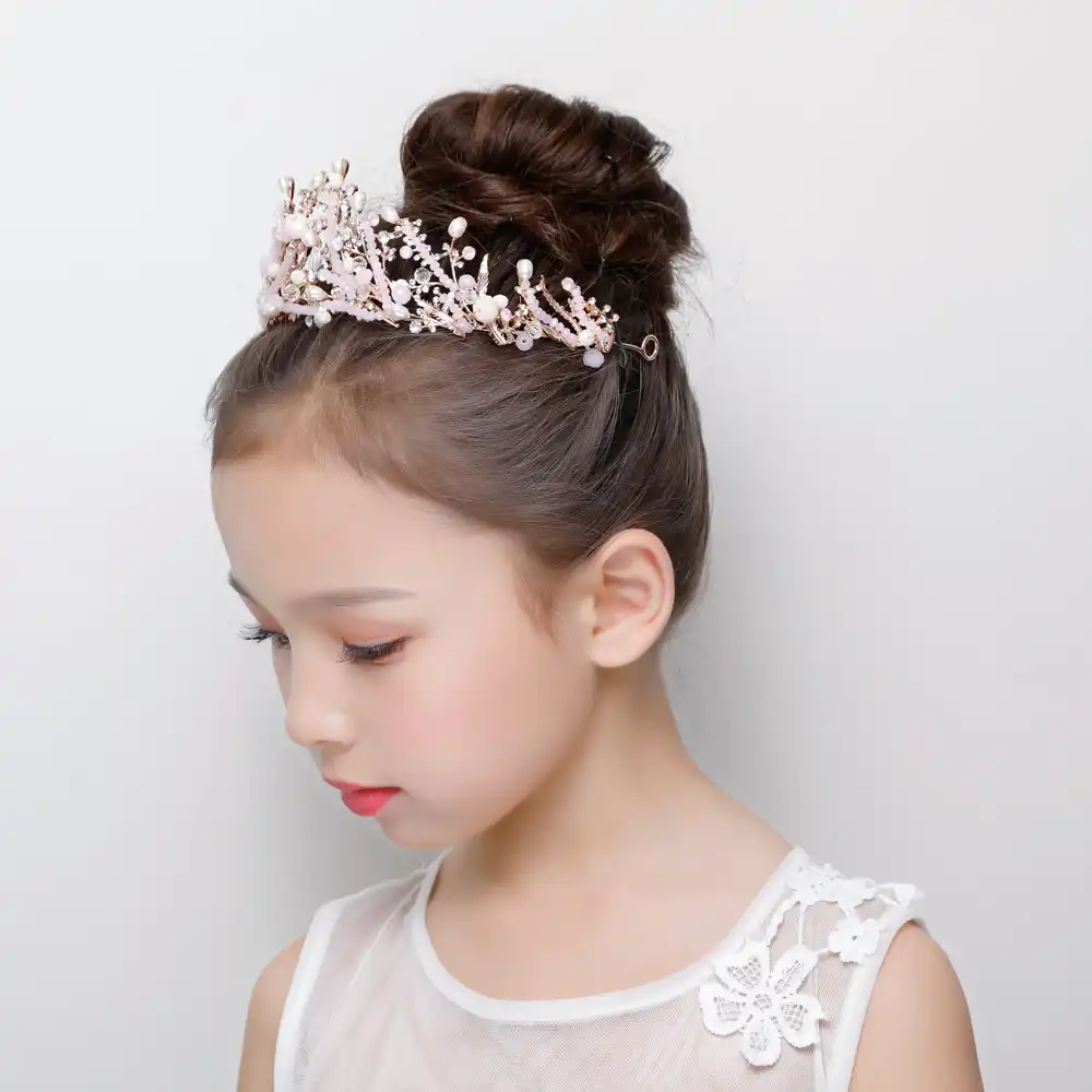 Pink Crystal Tiara Crown Princess Flower Girls Wedding Headband Hair Jewelry Teens Children S Day Pageant Prom Headpiece Gifts