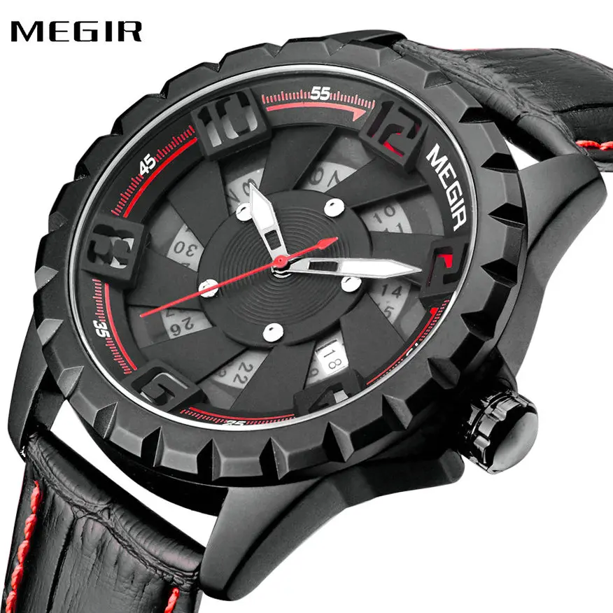 

MEGIR Fashion Locomotive Watch Men Top Brand Luxury Genuine Leather Watch Band Arabic Number Windmill Design Dial Cool Men Watch