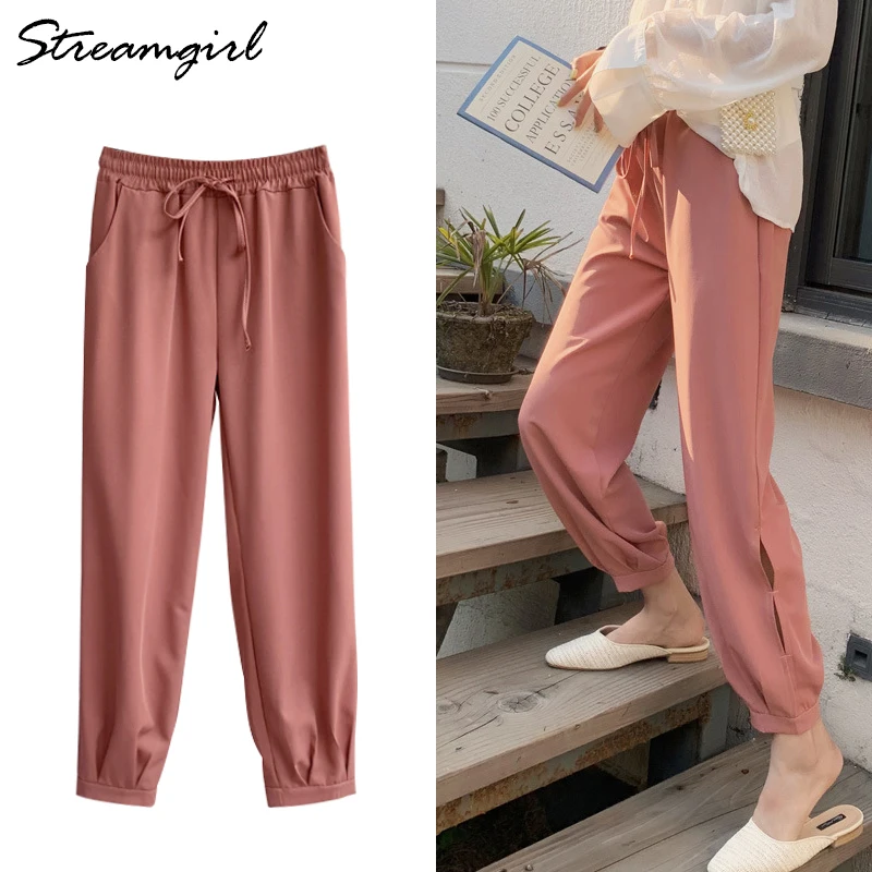 

Streamgirl Black Loose Female Pants Capris Ladies Harem Trousers Female Elastic Waist Open Side Pant Women Chiffon Pants Summer
