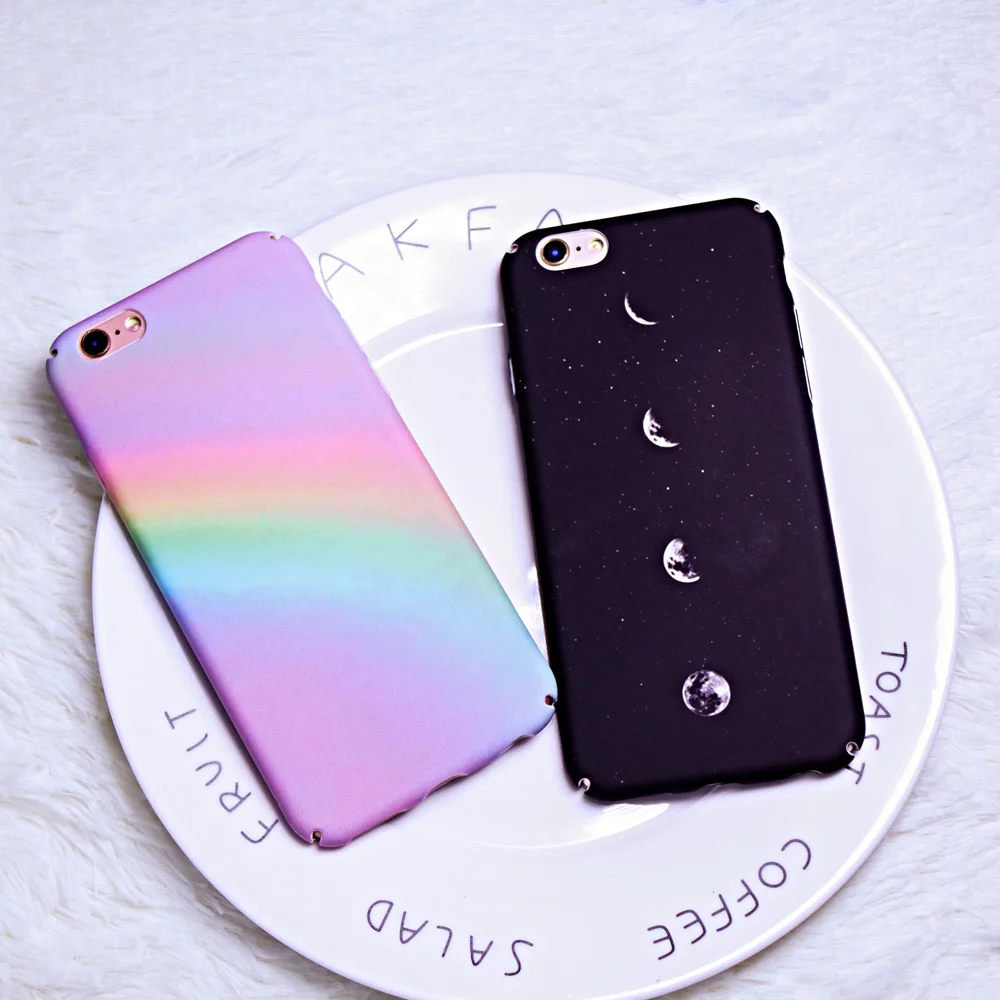 

Cute Hard Matte PC Phone Cases For iphone 6 6s 7 8 Plus Case Black Night Sky Moon&Color Rainbow Cover For iphone 6Plus 6SPlus