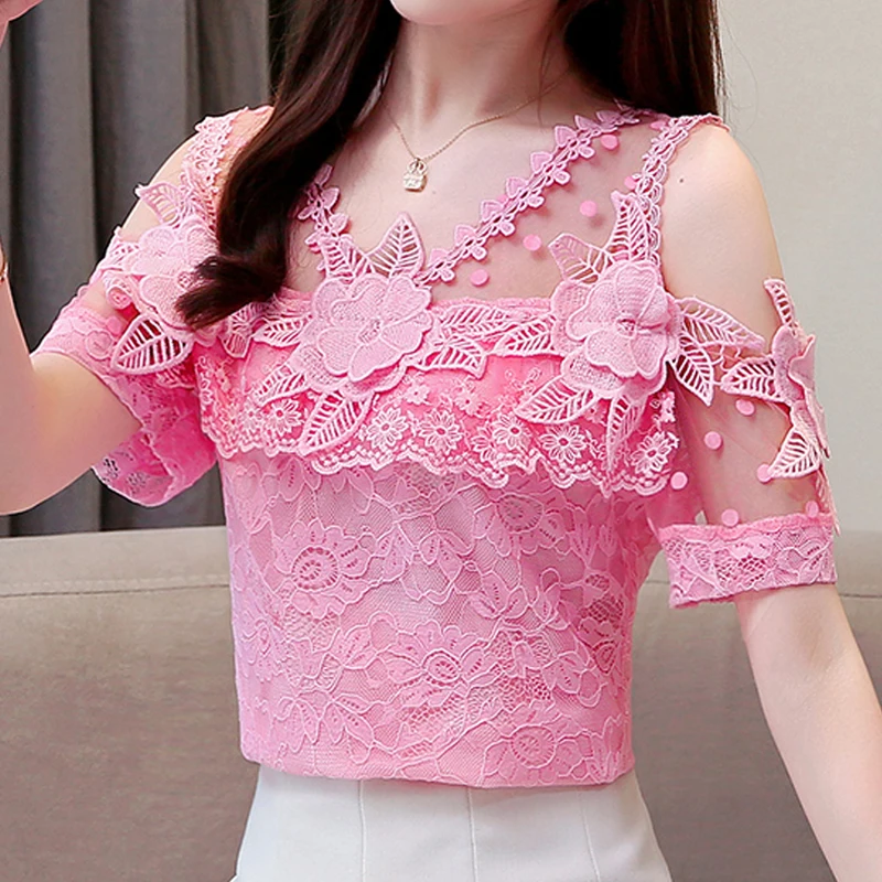 

Women's Clothing Summer New Short-Sleeve Lace blouse Pink Women's Tops Flower Hollow Sexy Chiffon Lace Ruffle Blouses Shirts