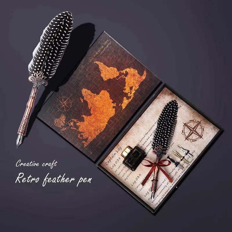 

Creative Craft Vintage Feather Pen Vintage Engraved Metal Felt Pen Signature Gift Natural Pattern Feather Pen Set Gift Box